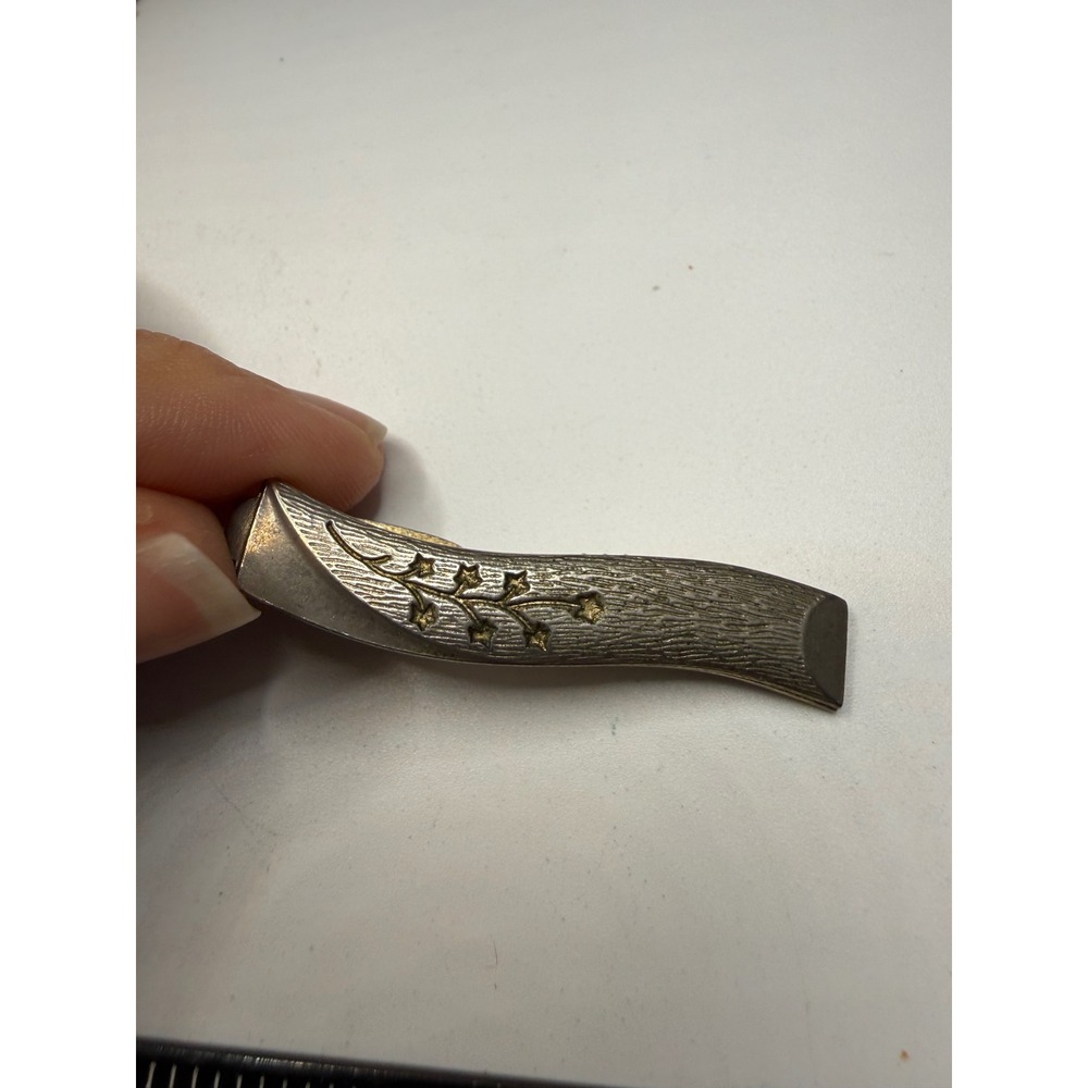 Vintage Silver Tone Wavy Tie‎ Clip Etched Floral Gold Accents Mid Century Modern